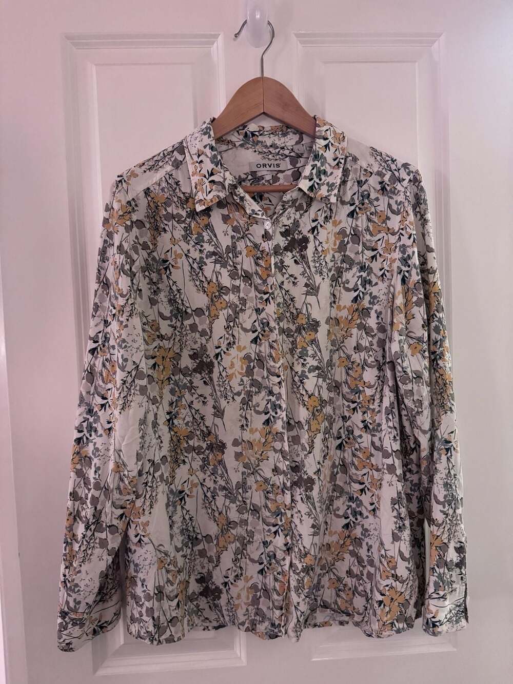 Orvis Floral Silk Green Mustard Cream Button Down Shirt Size L